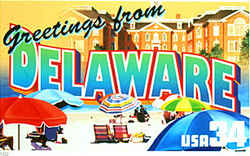 Delaware Greeting:  A rear view of Legislative Hall, the state capitol in Dover, is seen in the background. In front is a beach scene at Fenwick Island State Park, with colorful beach umbrellas sheltering their owners from the sun. Experts consulted by PhotoAssist suggested "altering the colors/designs of the umbrellas and beach chairs to avoid identification of specific brands." Busch complied. 