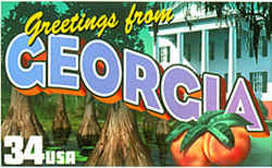 Georgia Greeting: The portico of an unnamed antebellum plantation occupies the right rear of the montage, with Spanish moss hanging overhead and the trunks of bald cypress trees from the Okefenokee Swamp in the left foreground. Two peaches, the Georgia state fruit, are at the lower right.