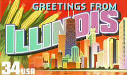Illinois Greeting: llinois' division between "upstate" and "downstate" is represented by Chicago's skyline at the lower right, with the Sears Tower, the nation's tallest skyscraper, readily recognizable, and ears of golden corn representing the state's rich agricultural economy at the upper left.