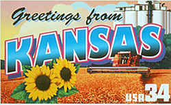 Kansas Greeting: Farming also is the theme of the Kansas montage, which depicts a combine harvester working in a wheat field and a grain elevator in Danville. Sunflowers, the state flower, are seen in the foreground.