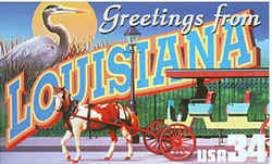 Louisiana Greeting: A horse draws a tourist carriage past an iron fence, a scene evocative of New Orleans' French Quarter. A great blue heron, a common bird in Louisiana, is seen against an orange moon.