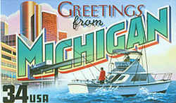 Michigan Greeting: Buildings and the people-mover monorail of the Renaissance Center in downtown Detroit are combined in the design with a sport-fishing boat of a kind seen on the Great Lakes.