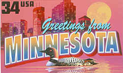 Minnesota Greeting: The skyline of Minneapolis is seen against a red, almost mauve, sky and a large orange moon. In the foreground is a common loon, the state bird. 