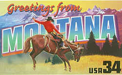 Montana Greeting:  In the foreground is a cowboy riding a bucking horse at a Montana rodeo. At the rear is a vista of the Rocky Mountains in Glacier National Park.