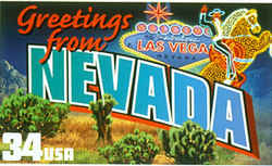 Nevada Greeting: The contrast between Nevada's natural landscape and the glittering urban playground superimposed upon it is the theme of this design, which combines images of desert plants and hills with the well-known neon horse and rider sign in Las Vegas.