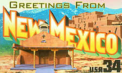 New Mexico Greeting: The design depicts a church in Santa Fe and the Taos Pueblo north of the city of Taos.