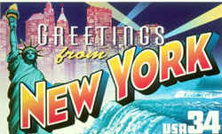 New York Greeting: This montage depicts three of the state's best-known attractions: the Manhattan skyline, the Statue of Liberty and Niagara Falls.