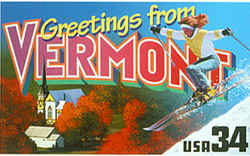 Vermont Greeting: features the second skier to appear on a Greetings from America stamp, this one a female (a male skier is shown on the Colorado stamp). Behind the snowy slope which she is descending is an aerial view of a white church building surrounded by fall foliage.