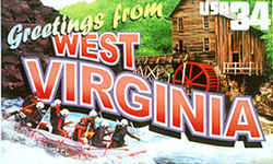 West Virginia Greeting: This design consists of views of white-water rafters on a West Virginia river and a vintage grist mill on Glade Creek.