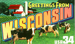 Wisconsin Greeting:  include a group of dairy cows, and in the background is a country scene with farm buildings.