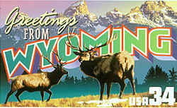 Wyoming Greeting: Wyoming's rugged Grand Teton mountains provide the backdrop in this montage, which also includes two elk, a species commonly seen in Grand Teton National Park.