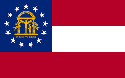 The Georgia flag has three red and white stripes and the state coat of arms on a blue field in the upper left corner. Thirteen stars surrounding the seal denotes Georgia's position as one of the original thirteen colonies.