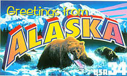 Alaska Greeting: A brown bear wading in a rushing river seizes a salmon in his mouth. In the distance are seen Mount McKinley (Denali) and other peaks of the Alaska Range.