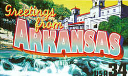 Arkansas Greeting: The Buffalo River and Gunner Pool, both in Ozark National Forest, are seen in the foreground. Overlooking the scene at the rear, flanked by trees, is the Ozark Baths building on Bath House Row in Hot Springs National Park.