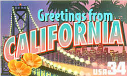 California Greeting: The design features the Bay Bridge at dusk, its suspension cables outlined in lights, with the San Francisco skyline in the distance. The dark crowns of two palm trees from Santa Catalina Island hang overhead. In the lower left corner are two blossoms of the California poppy, the state flower.
