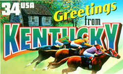 Kentucky Greeting:  In the foreground, three thoroughbred horses race side by side at Churchill Downs in Louisville, site of the annual Kentucky Derby. At the rear is a cabin near Carlisle, Kentucky.