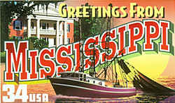 Mississippi Greeting: A Gulf of Mexico shrimp boat with its net deployed is shown at the right against the partial disc of a huge golden moon. On the left is a mansion, similar to the one on the Georgia stamp, but with the addition of a balcony.