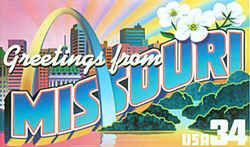 Missouri Greeting: This illustration follows closely the prototype Missouri design that Busch prepared in 1990, showing the St. Louis skyline and Gateway Arch, a lake scene in the Ozarks and white hawthorn blossoms.