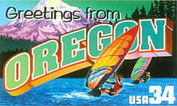 Oregon Greeting: Mount Hood in the Cascade Range, Oregon's highest peak, rises behind a depiction of two windsurfers in the Columbia River Gorge between Oregon and Washington. "I loved the windsurfers," Busch said. "I was always looking for imagery that was quirky and unusual, and that picture worked wonderfully."