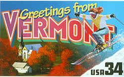 Vermont Greeting: features the second skier to appear on a Greetings from America stamp, this one a female (a male skier is shown on the Colorado stamp). Behind the snowy slope which she is descending is an aerial view of a white church building surrounded by fall foliage.